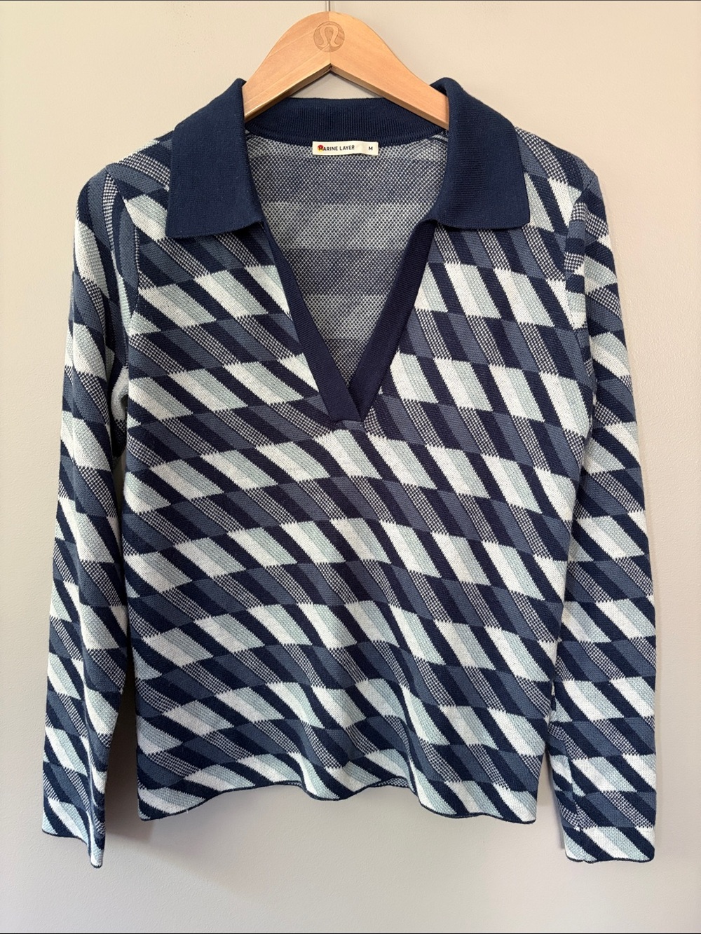 Marine Layer Morgan Polo V Neck Sweater Cool Geo Medium Retro Blue White Aqua